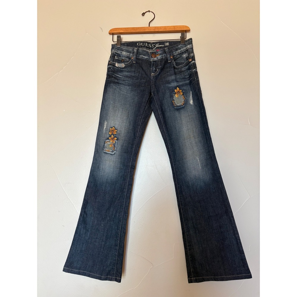 Guess Sexy Flare Jeans Womens 26 Dark Wash Y2K Distressed Floral Patchwork Blue